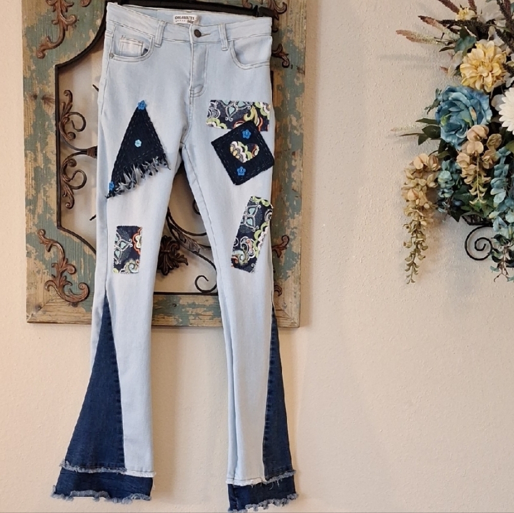 Celebrity Reworked Patchwork Wide-Leg  Jeans Dark Inset Panels. NWOT Size 5